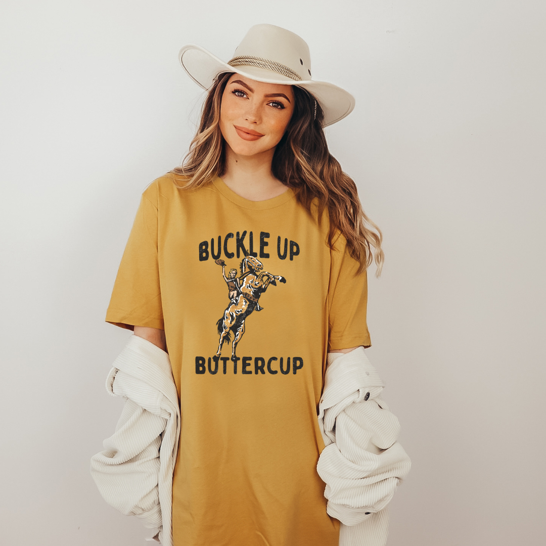 Buckle Up, Buttercup Tee - Army Green and Mustard (Front Only)