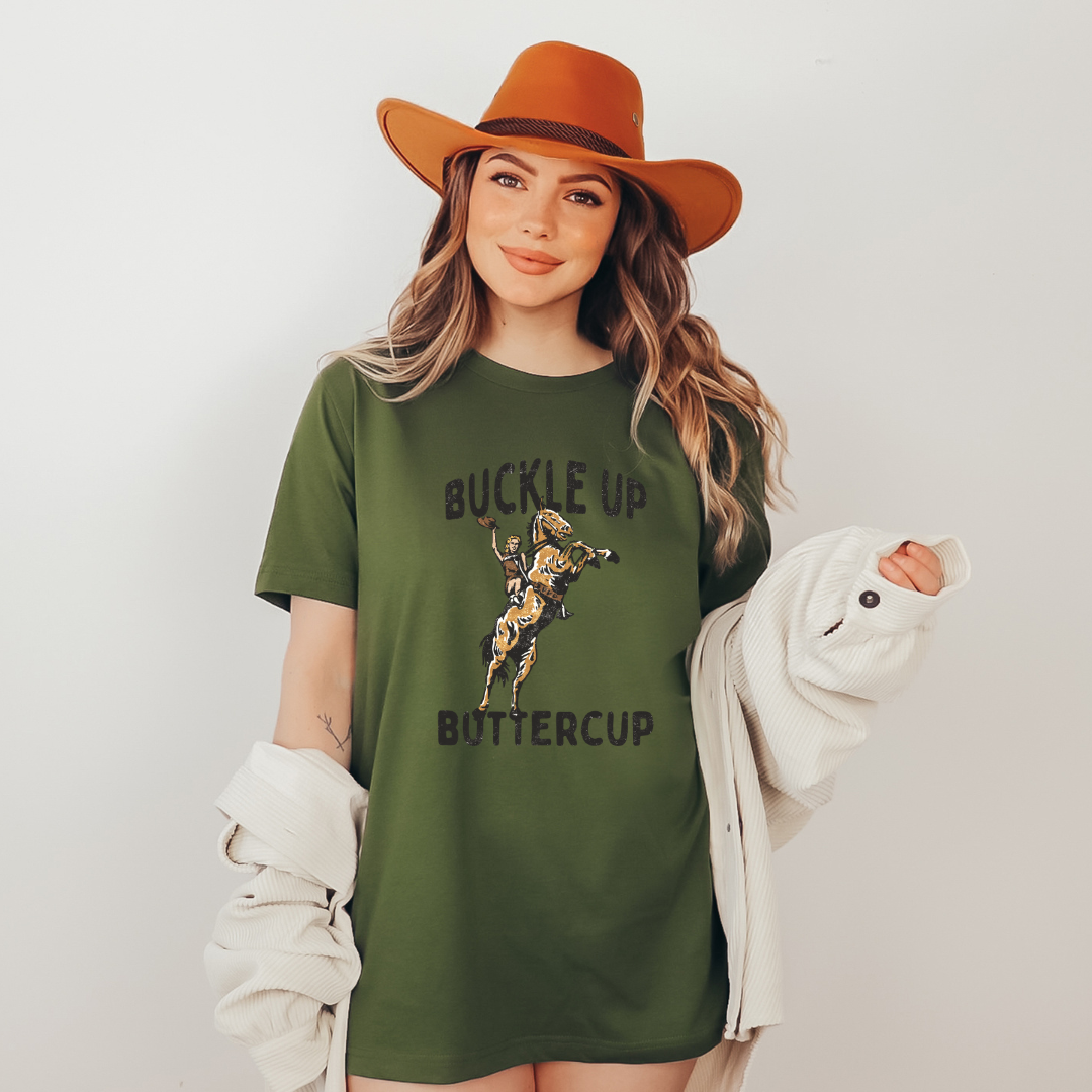 Buckle Up, Buttercup Tee - Army Green and Mustard (Front Only)