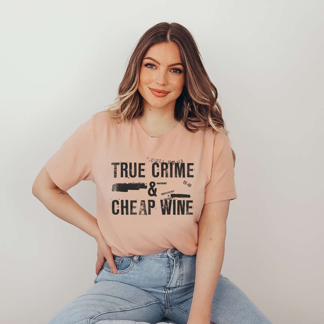 True Crime and Cheap Wine Tee - Maroon, Black and Peach