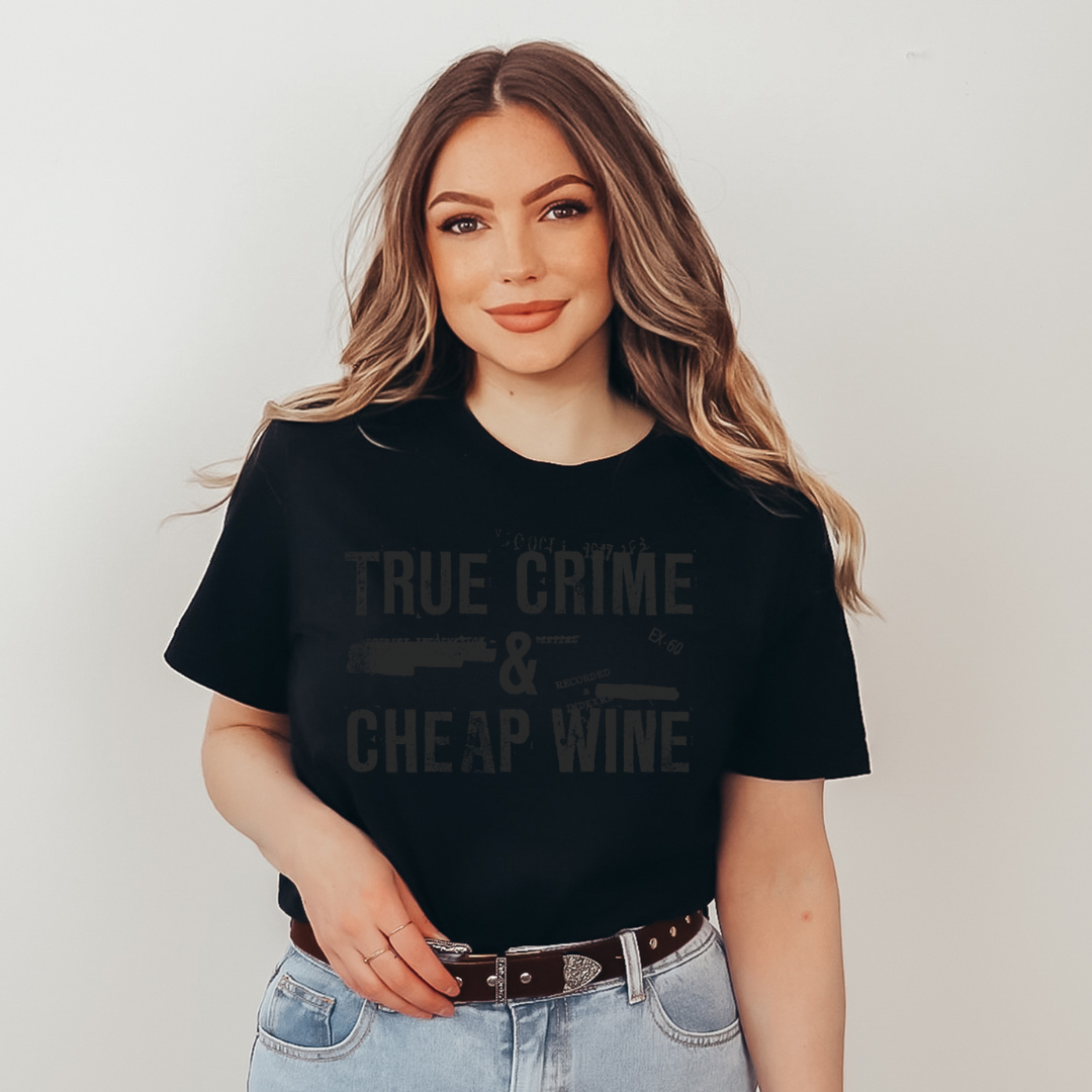 True Crime and Cheap Wine Tee - Maroon, Black and Peach